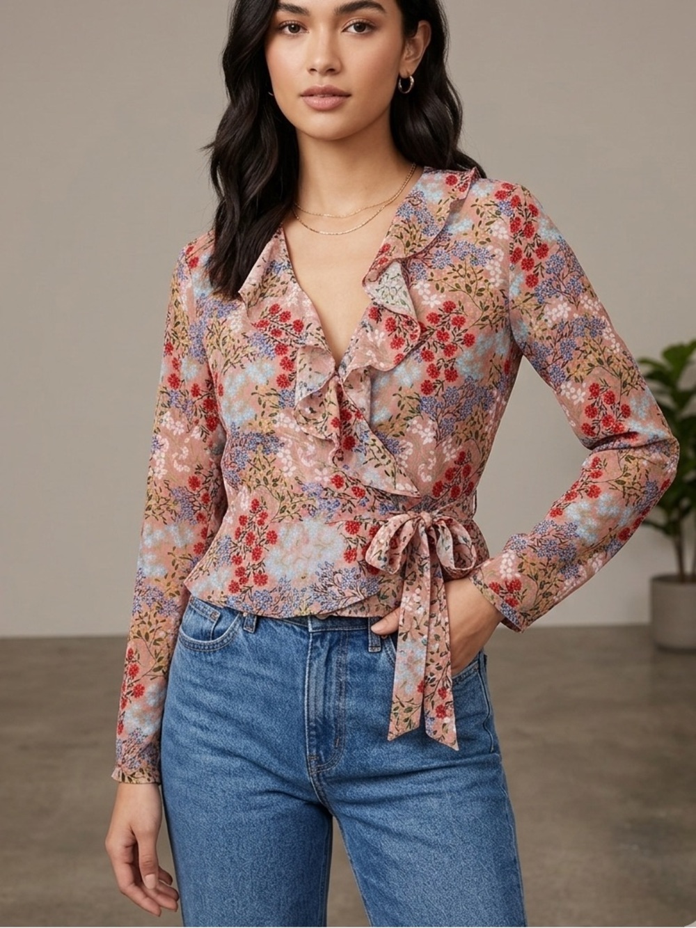 INTERMIX Floral Ruffle Tie-Front Blouse — Rust, Red, Blue